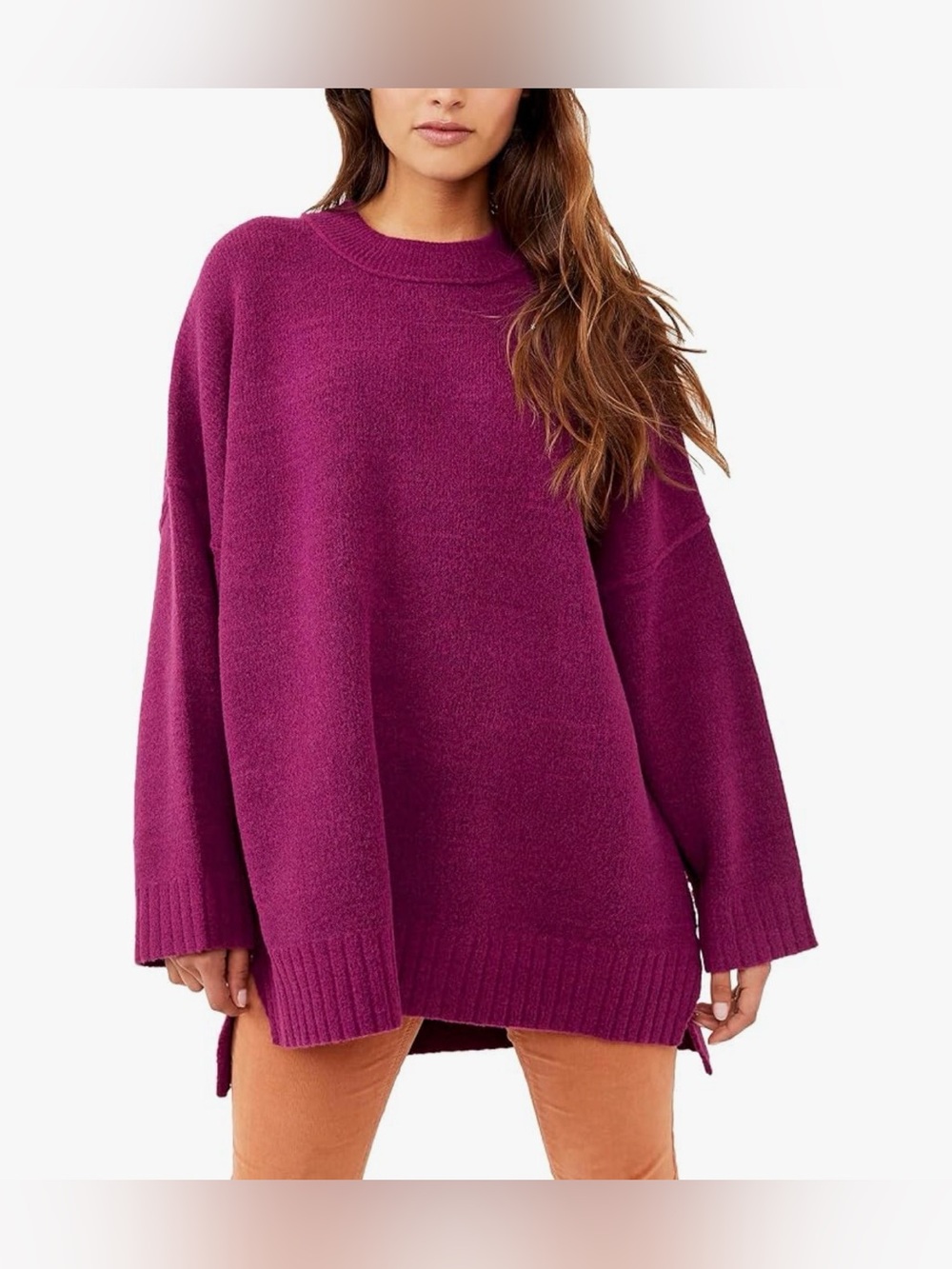 Free People Womens Plum Caspia Long Sleeve Oversized Pullover Sweater Size L